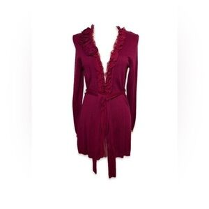 Elle Long Cardigan Sweater Women’s Size S Wine Color Belted